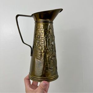 Vintage Brass Pitcher Vase Embossed With Scene